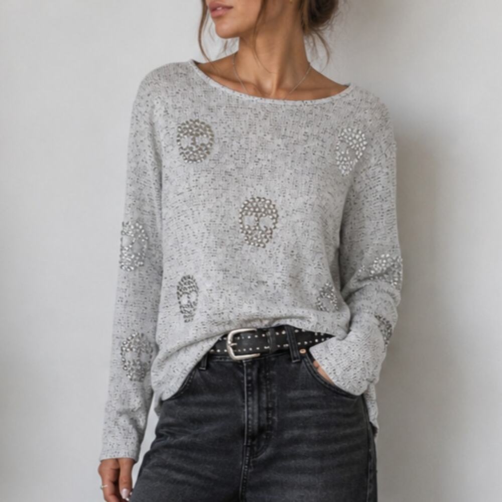 Topshop Skull Sweater Women's Size 2 (XS) Gray Embellished Skulls Edgy Grunge